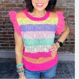 Pink Pointelle Multi Color Striped Ruffled Crochet Tunic Top